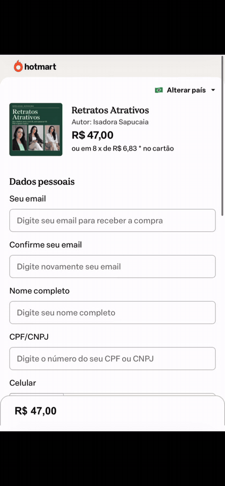 Demonstração animada de como aplicar o cupom BLACK50 no checkout da Hotmart