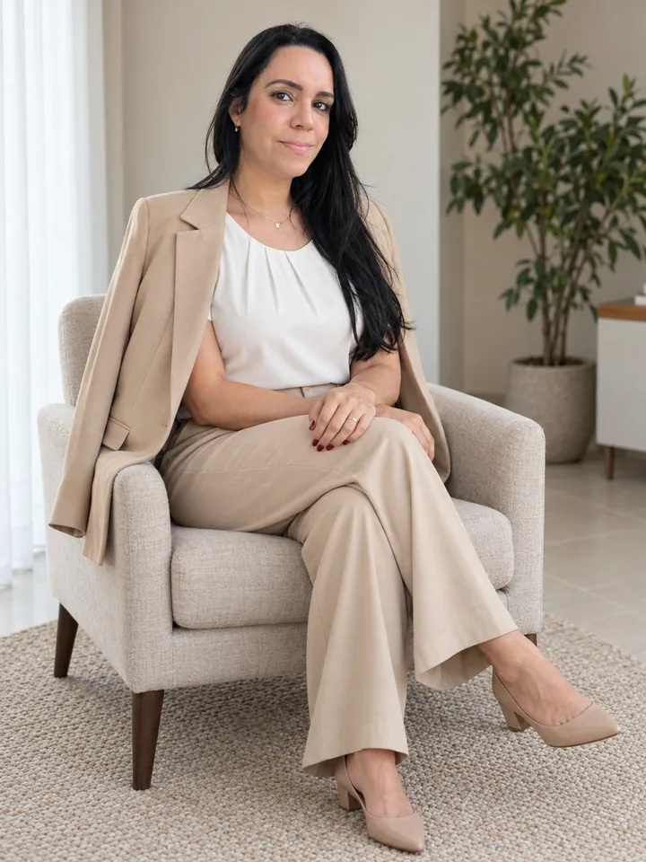 Retrato com traje claro, sentada em poltrona
